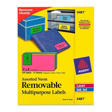 Avery Multipurpose Label, 2" Label W, 10 Labels per Sheet Neon Yellow 6481